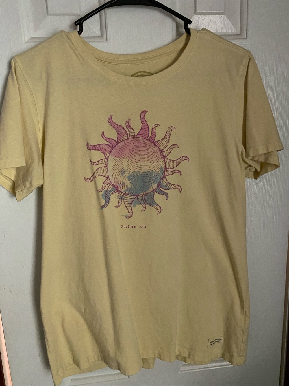 Life Is Good Pale Yellow Short Sleeve Tee with Pink and Blue Sun Graphic